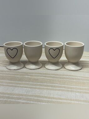 Rae Dunn "Heart " Egg Holder Cup Set,  4 White Ceramic Cups With A Heart